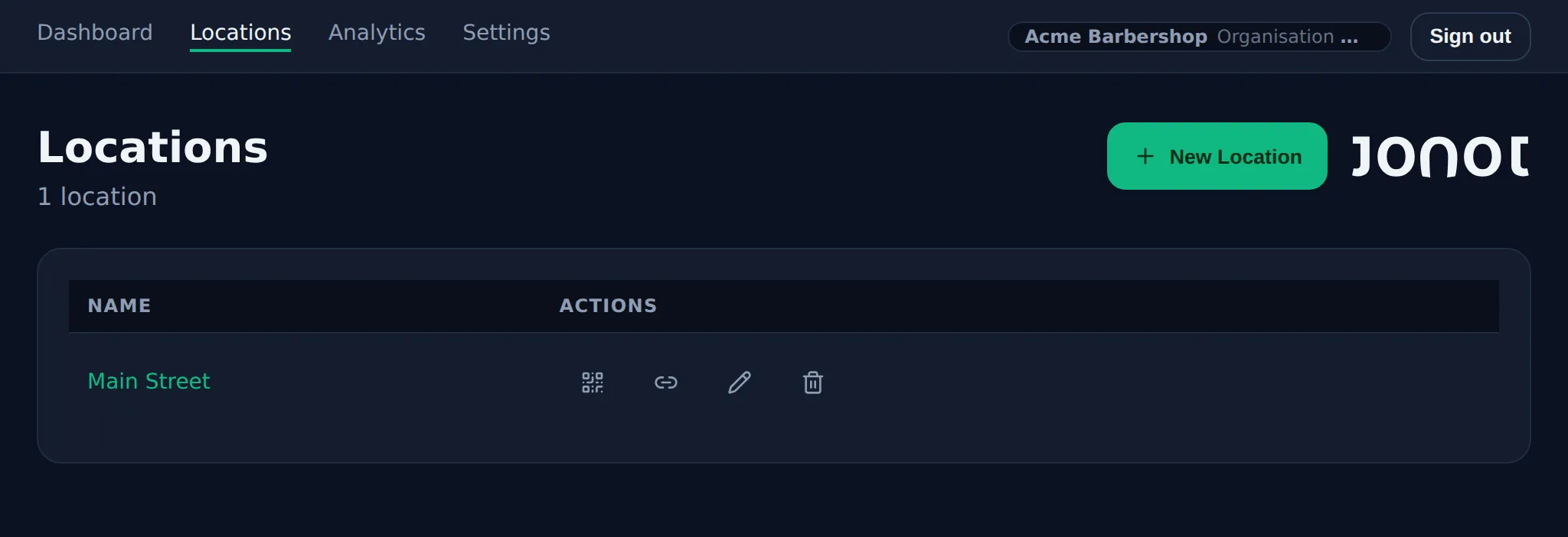 Locations page in the Jonot admin dashboard with QR poster access