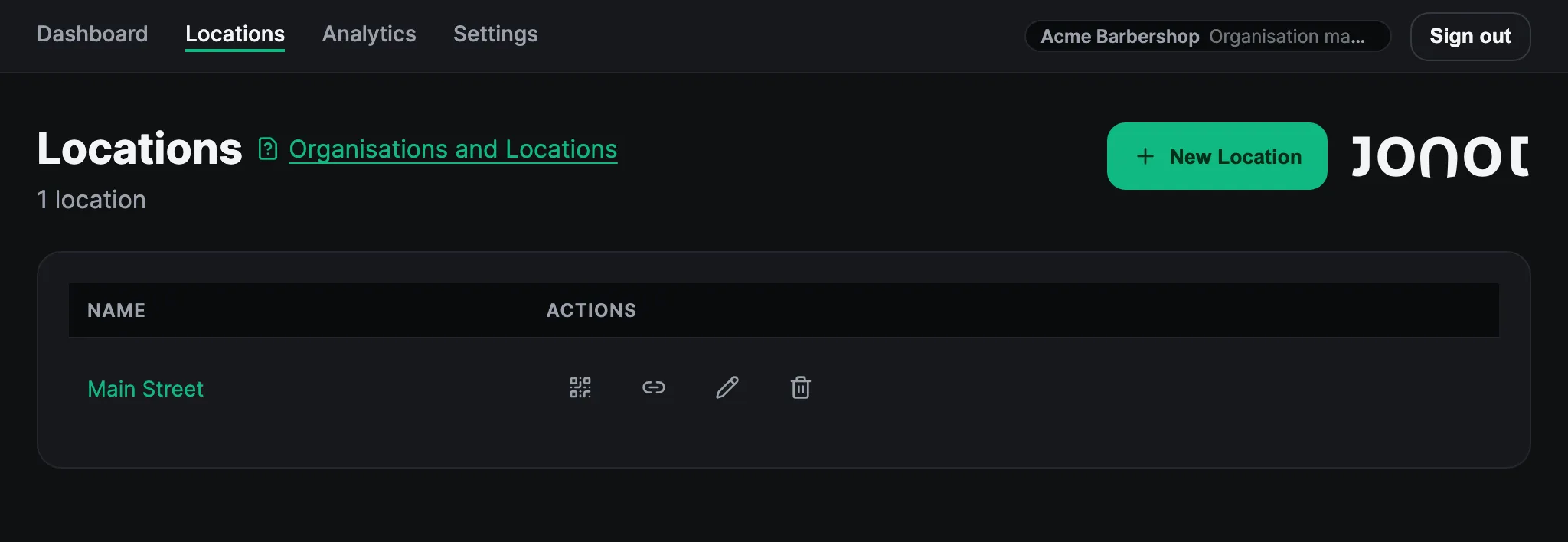 Locations page in the Jonot admin dashboard