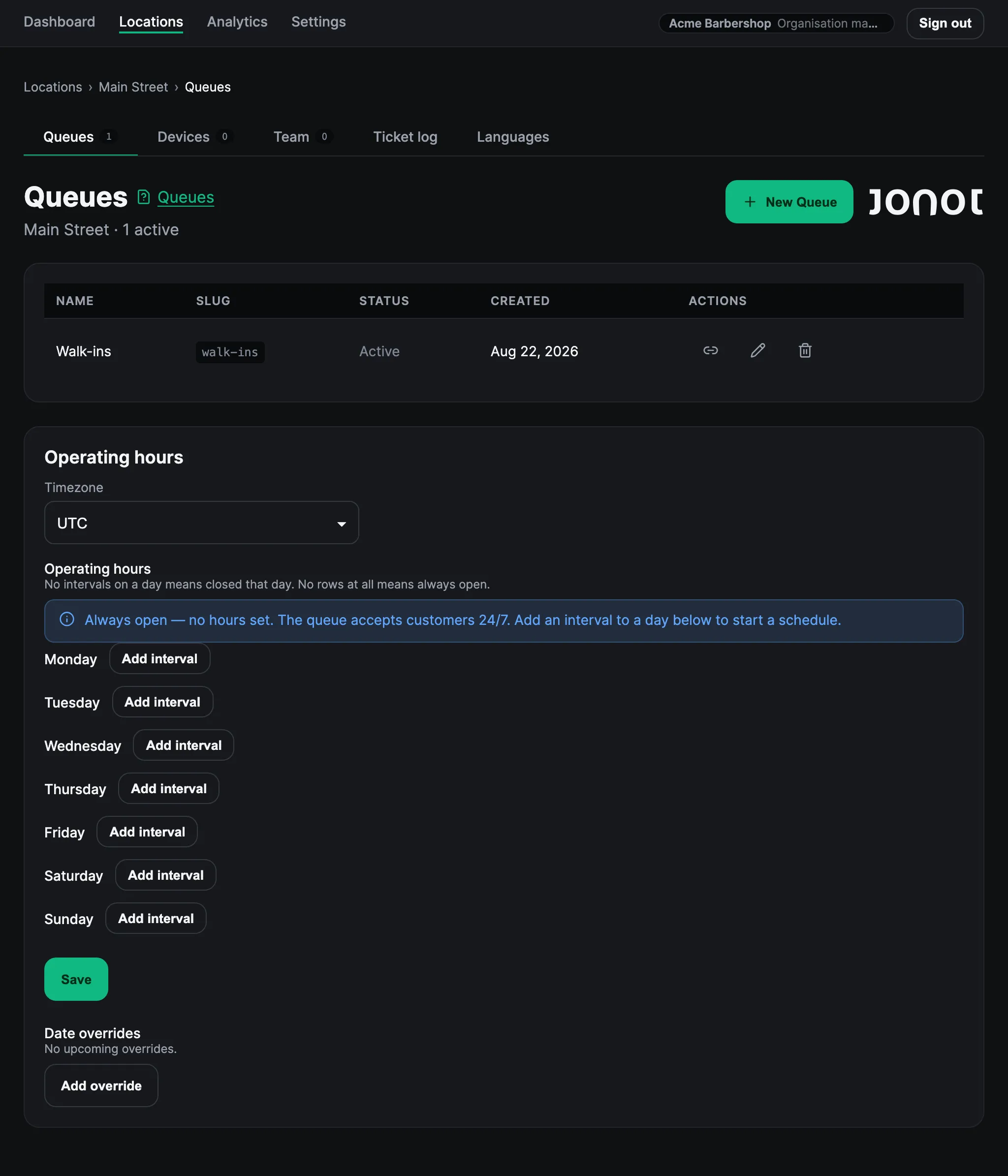 Queue management page for a location in the Jonot admin dashboard