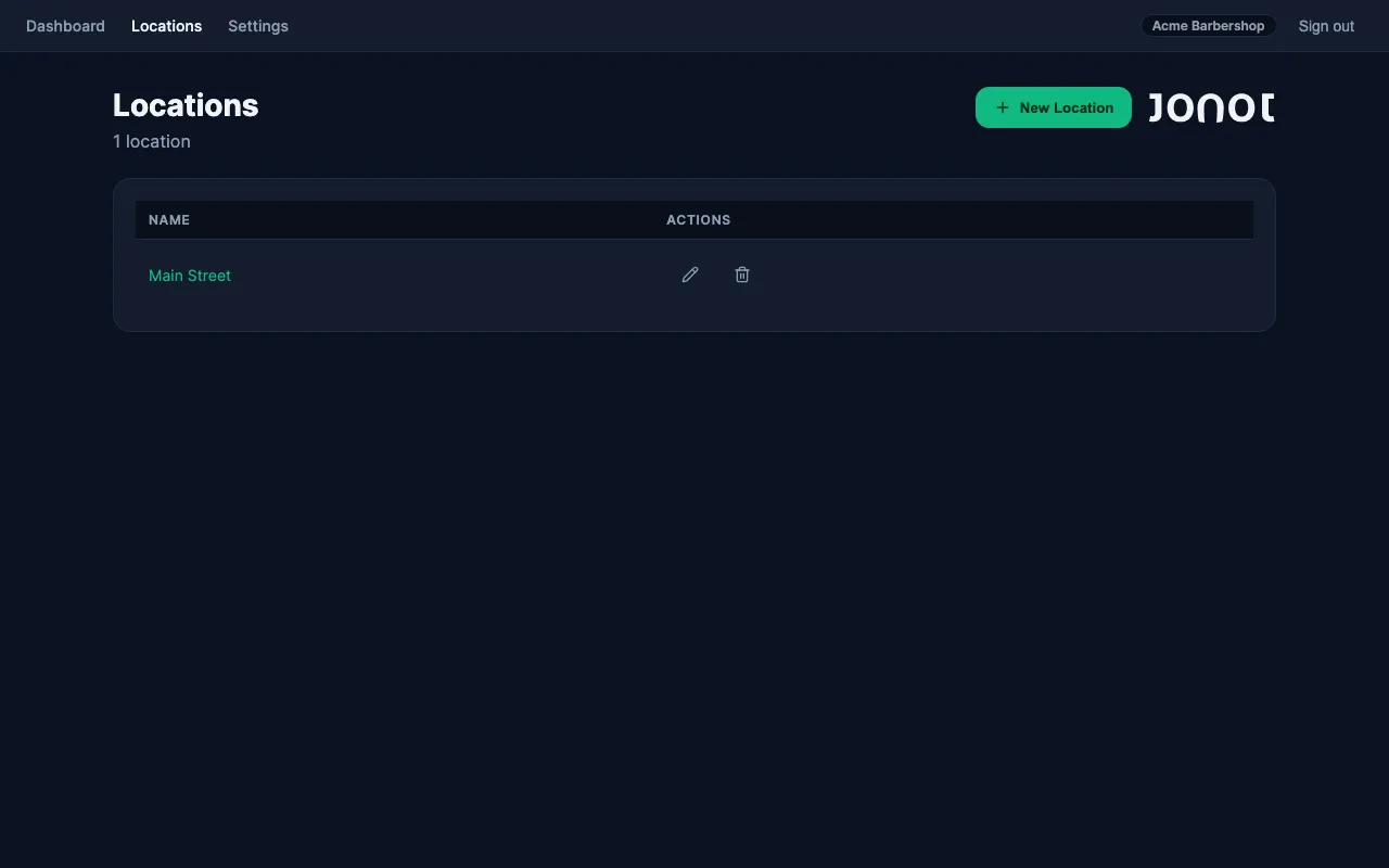Locations page in the Jonot admin dashboard with QR poster access