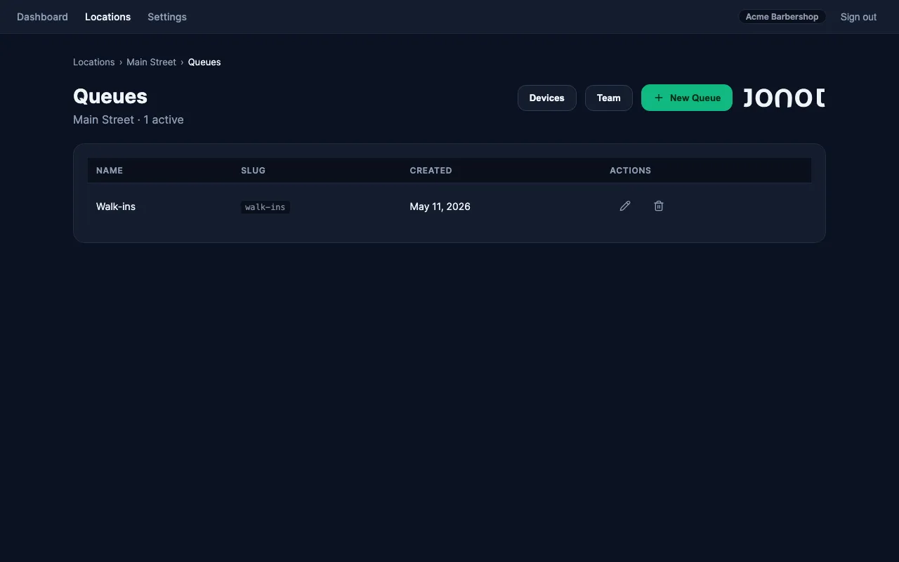 Queue management page for a location in the Jonot admin dashboard