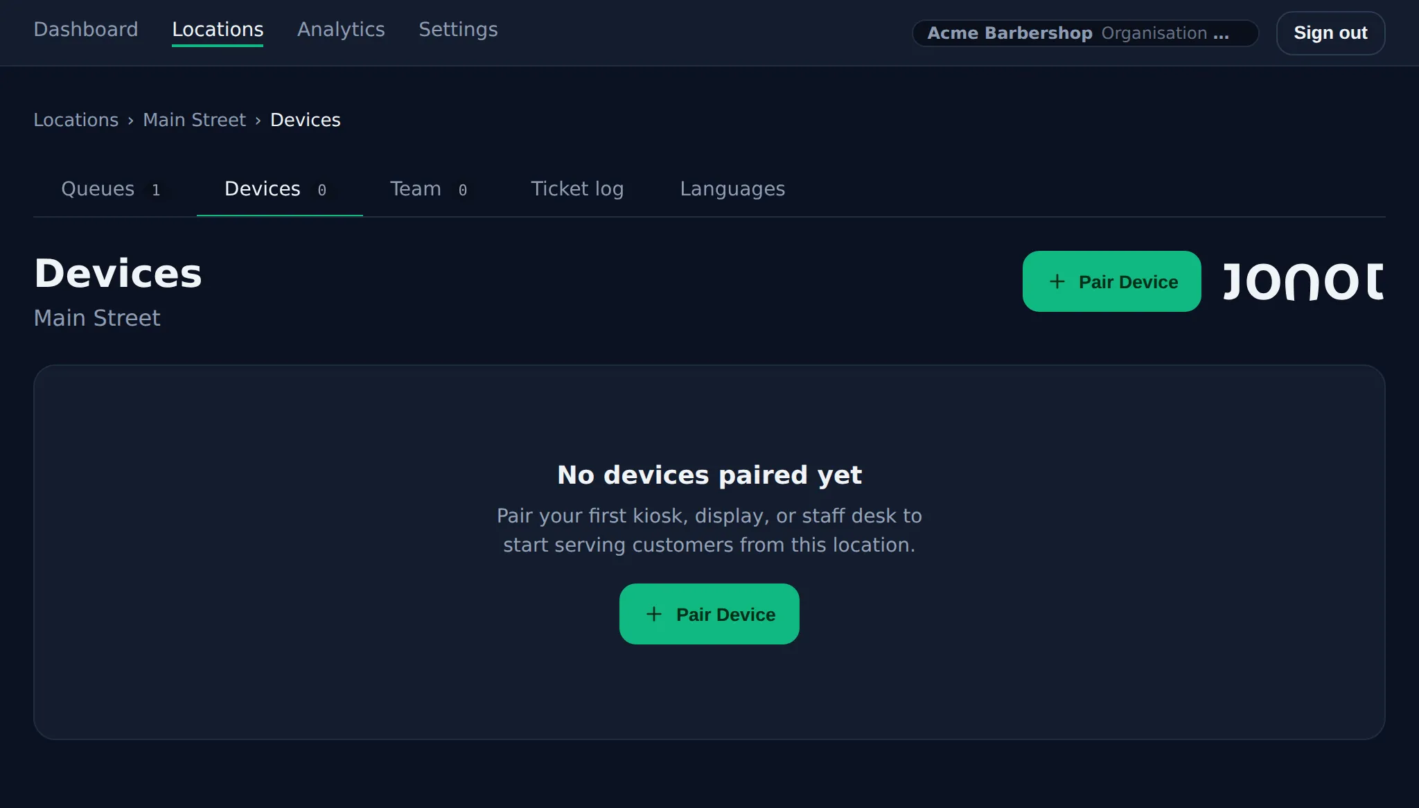 Device management page in the Jonot admin dashboard showing display pairing
