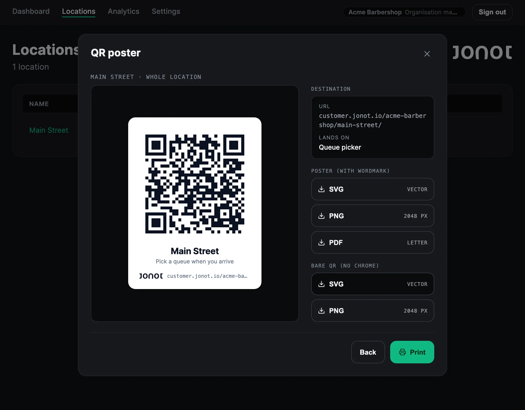 QR poster dialog in the Jonot admin dashboard showing the location's QR code