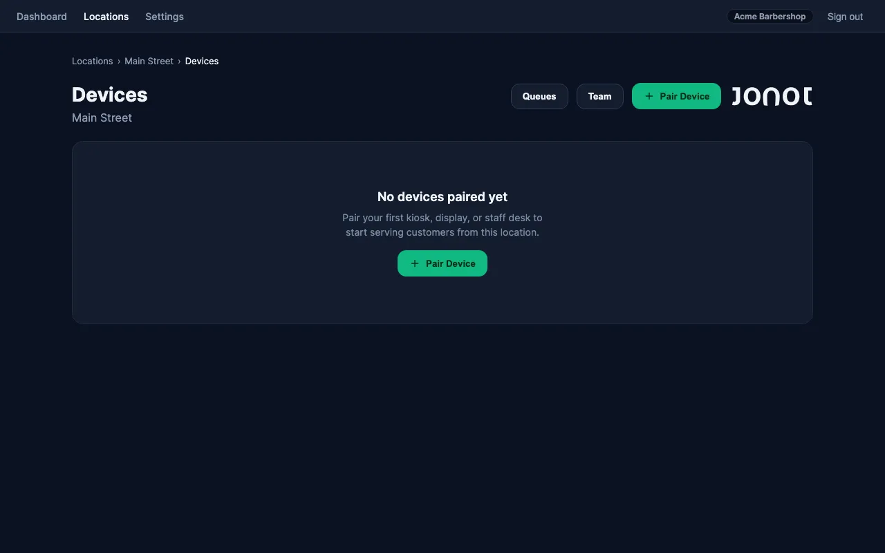 Device management page in the Jonot admin dashboard showing display pairing