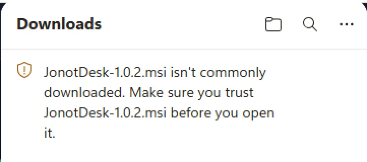 Microsoft Edge download panel warning that the JonotDesk MSI isn't commonly downloaded