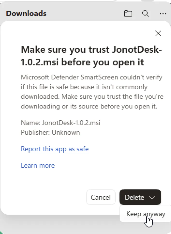 Edge confirmation dialog with the Keep anyway option highlighted