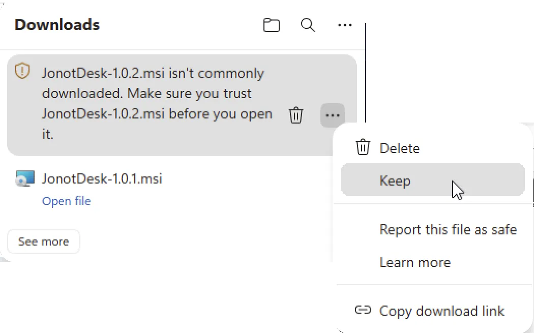 Edge downloads overflow menu showing the Keep option for the blocked installer