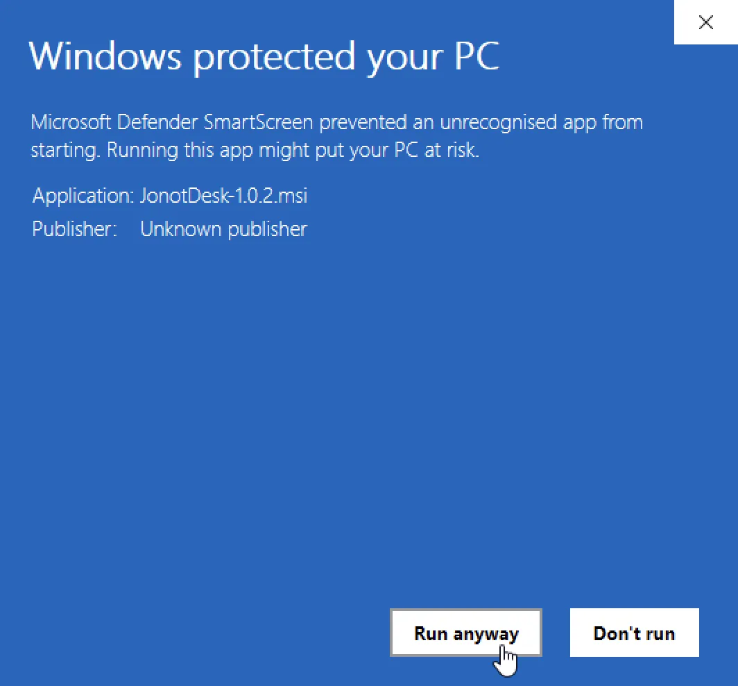 SmartScreen dialog expanded to show the Run anyway button after clicking More info