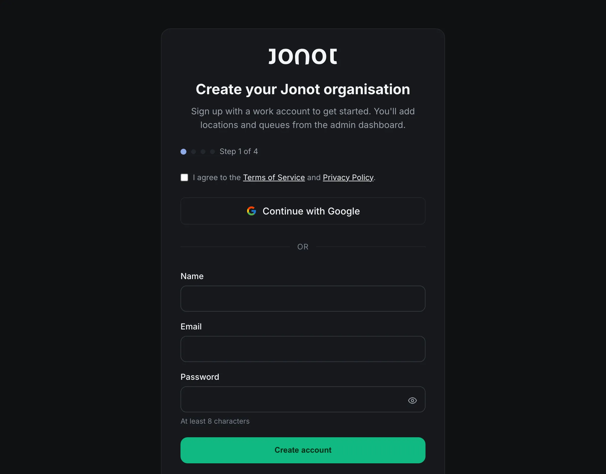 Jonot signup wizard — account creation step