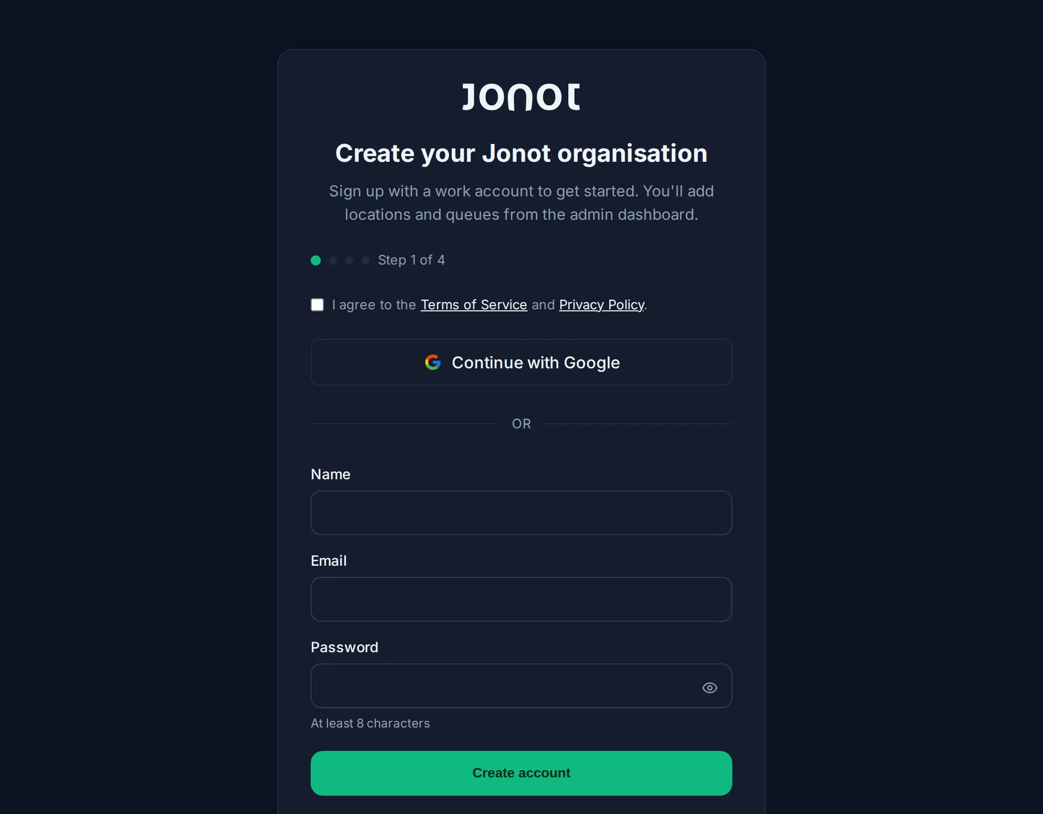 Jonot signup wizard — account creation step