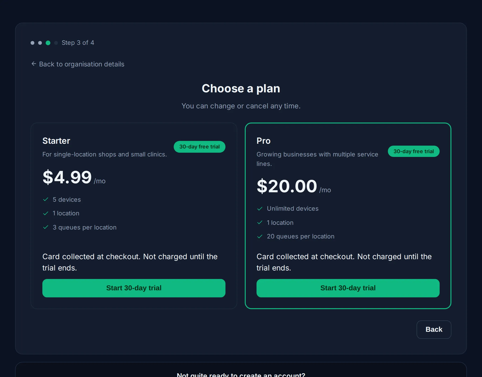 Jonot signup wizard — plan selection step
